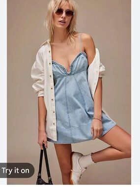 New With Tags Free People Altura Denim Mini Dress Sz M